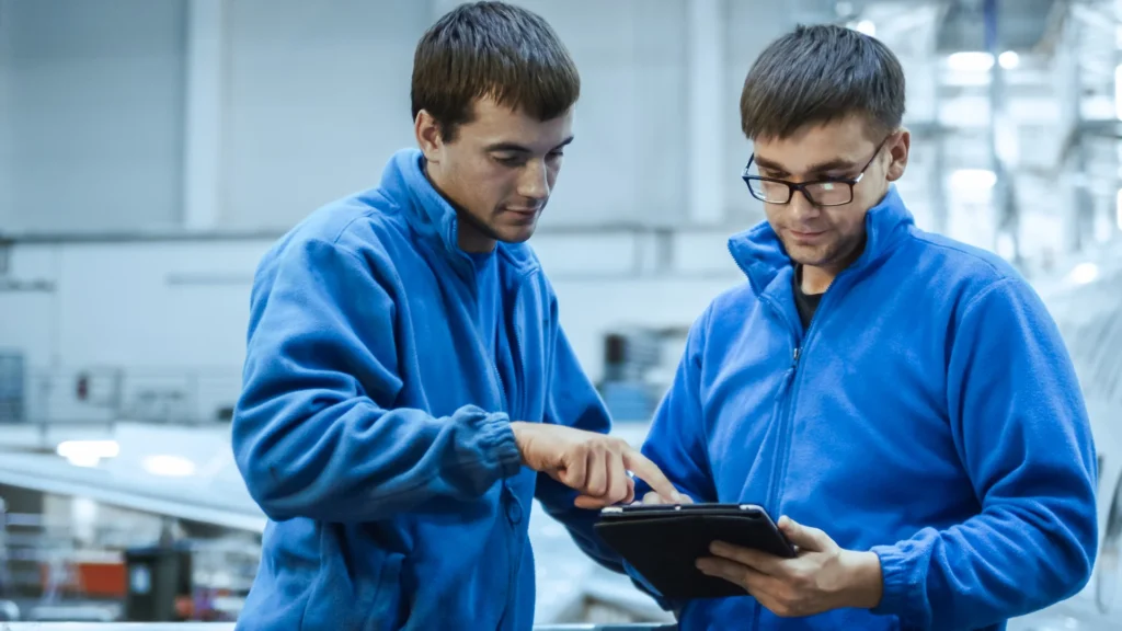 Two men wearing blue jackets stand indoors. One man points at a tablet that the other holds, and both appear focused on the screen, suggesting a discussion or collaboration in a work or industrial setting.