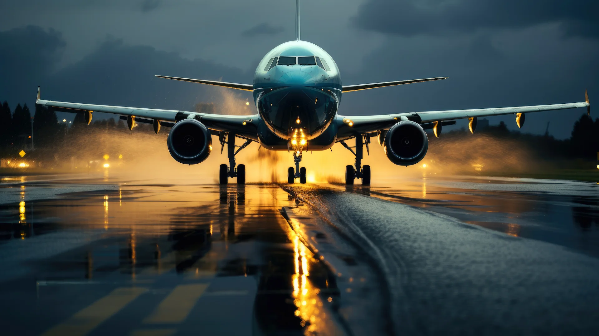 An airplane is on a wet runway, illuminated by lights as it taxies forward under a cloudy sky.