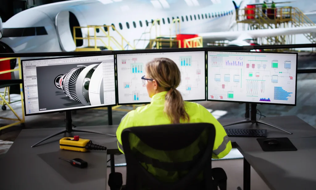 A person in a high-visibility jacket works at a desk with three monitors, displaying aircraft engine designs and data analyses, in an airplane hangar.