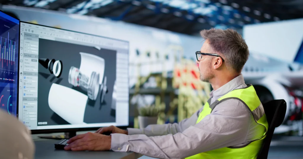 A man in a yellow safety vest works at a computer, analyzing 3D designs of mechanical components in a modern workspace.