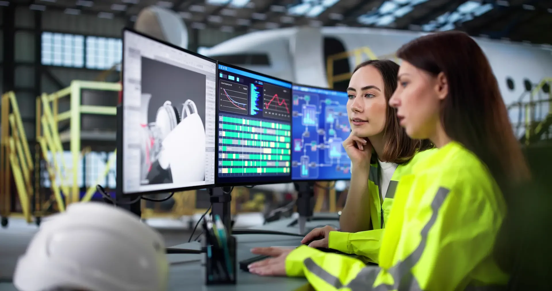 Two women in high-visibility jackets observe multiple computer screens displaying graphs and technical data in a spacious workshop setting.