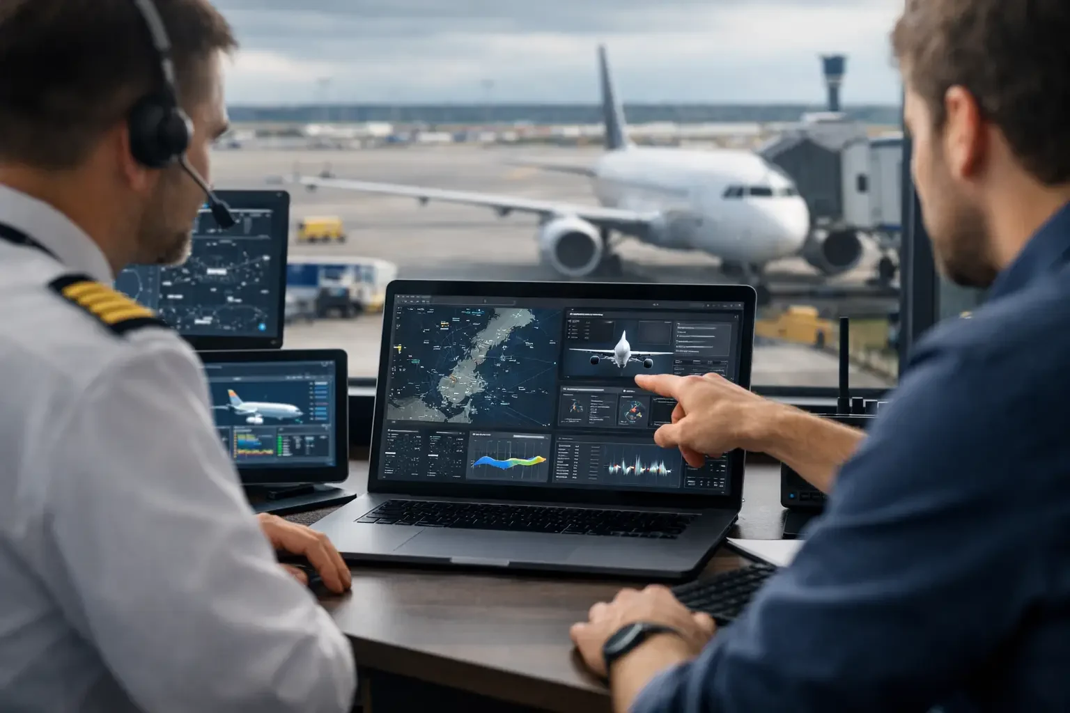 Two aviation professionals looking at aircraft data on a laptop.