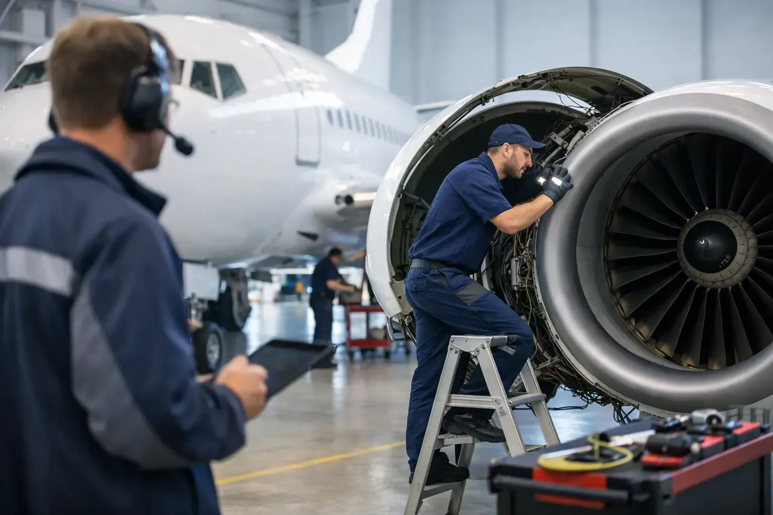 Aviation engineer performing aircraft maintenance on a jet engine in a hangar.