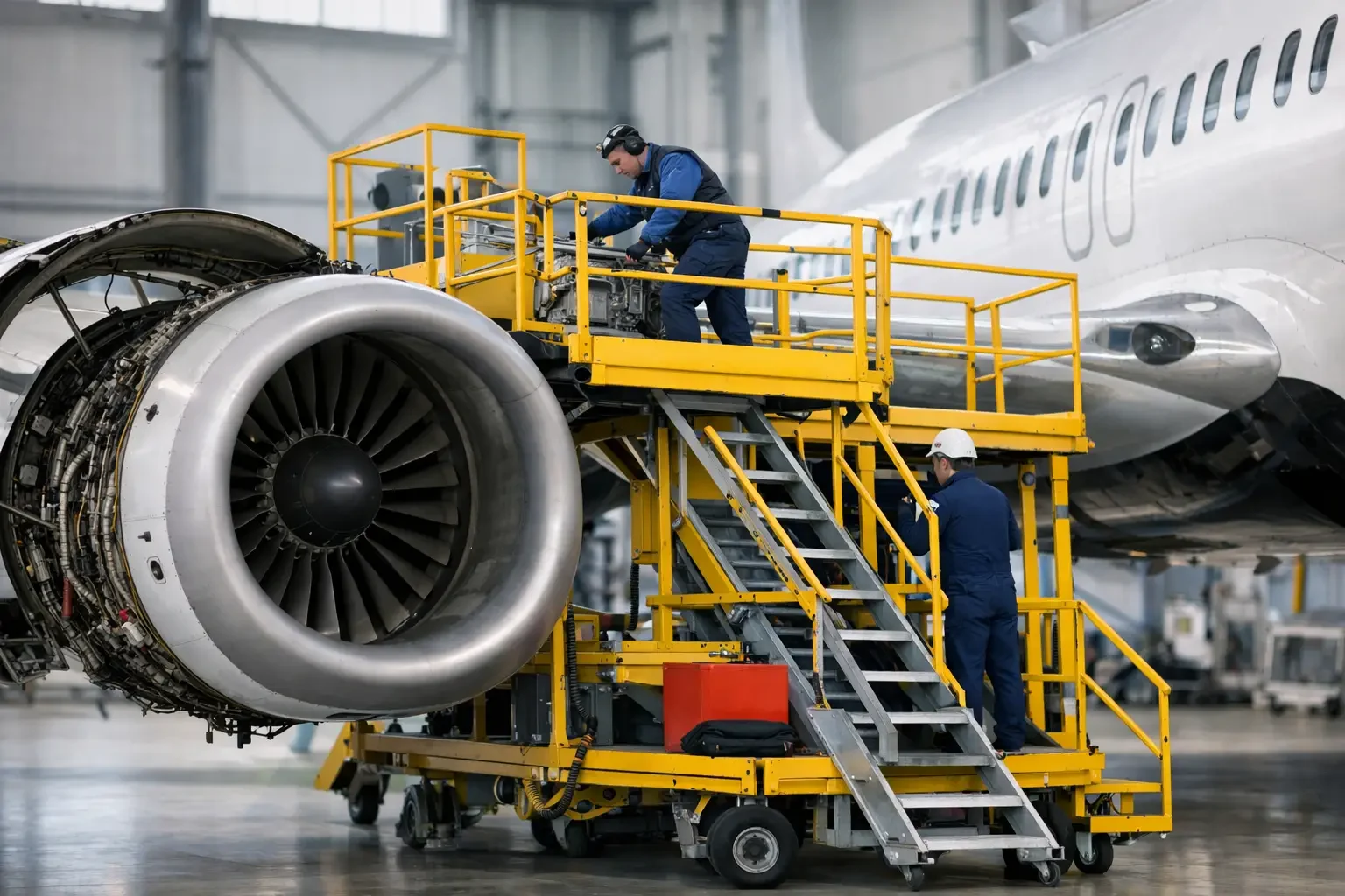 Aircraft maintenance engineers working on a aircraft in a hangar.