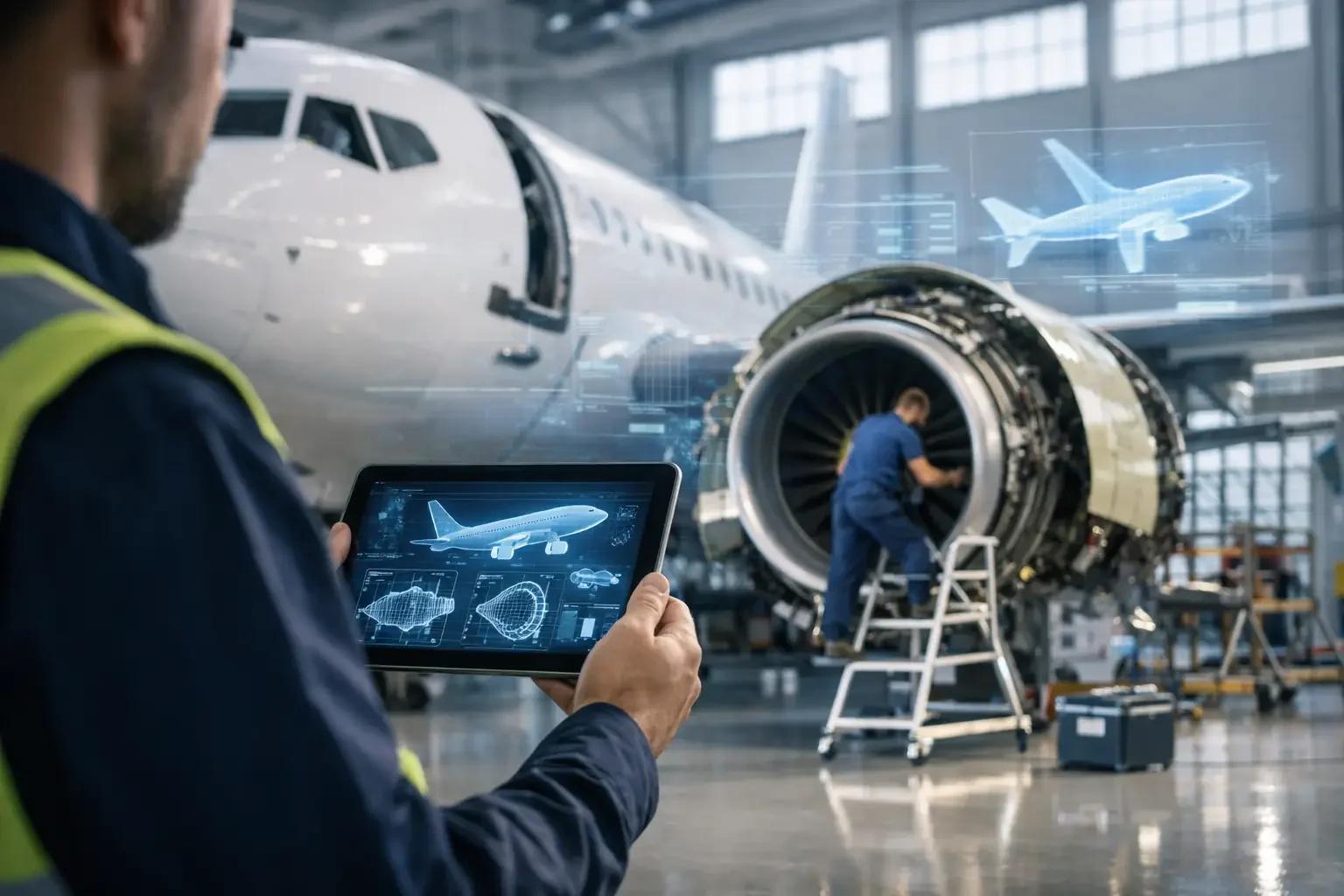 Aircraft engineer standing in front of an narrow body aircraft in a maintenance hangar. The technician is looking at aircraft data on a tablet.